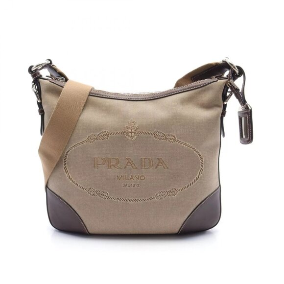 PRADA LOGO JACQUARD Logo Jacquard Shoulder Bag canvas leather Beige Brown Used - Picture 1 of 7